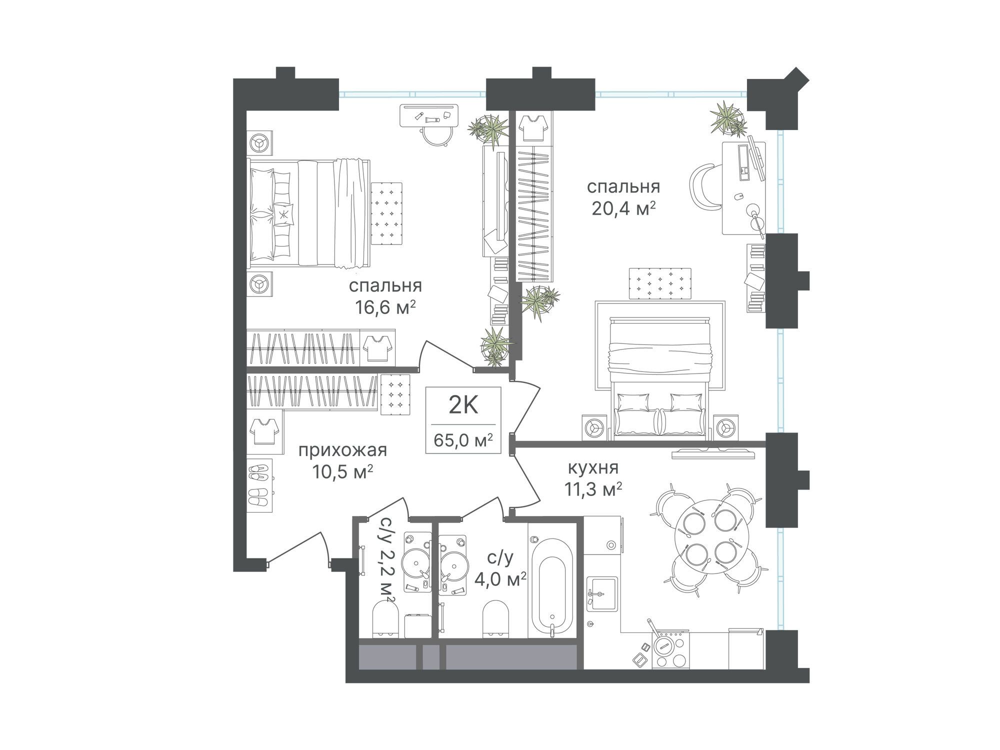 Планировка: 2-комн. квартира 65.00 м² в новостройке Варшавские ворота