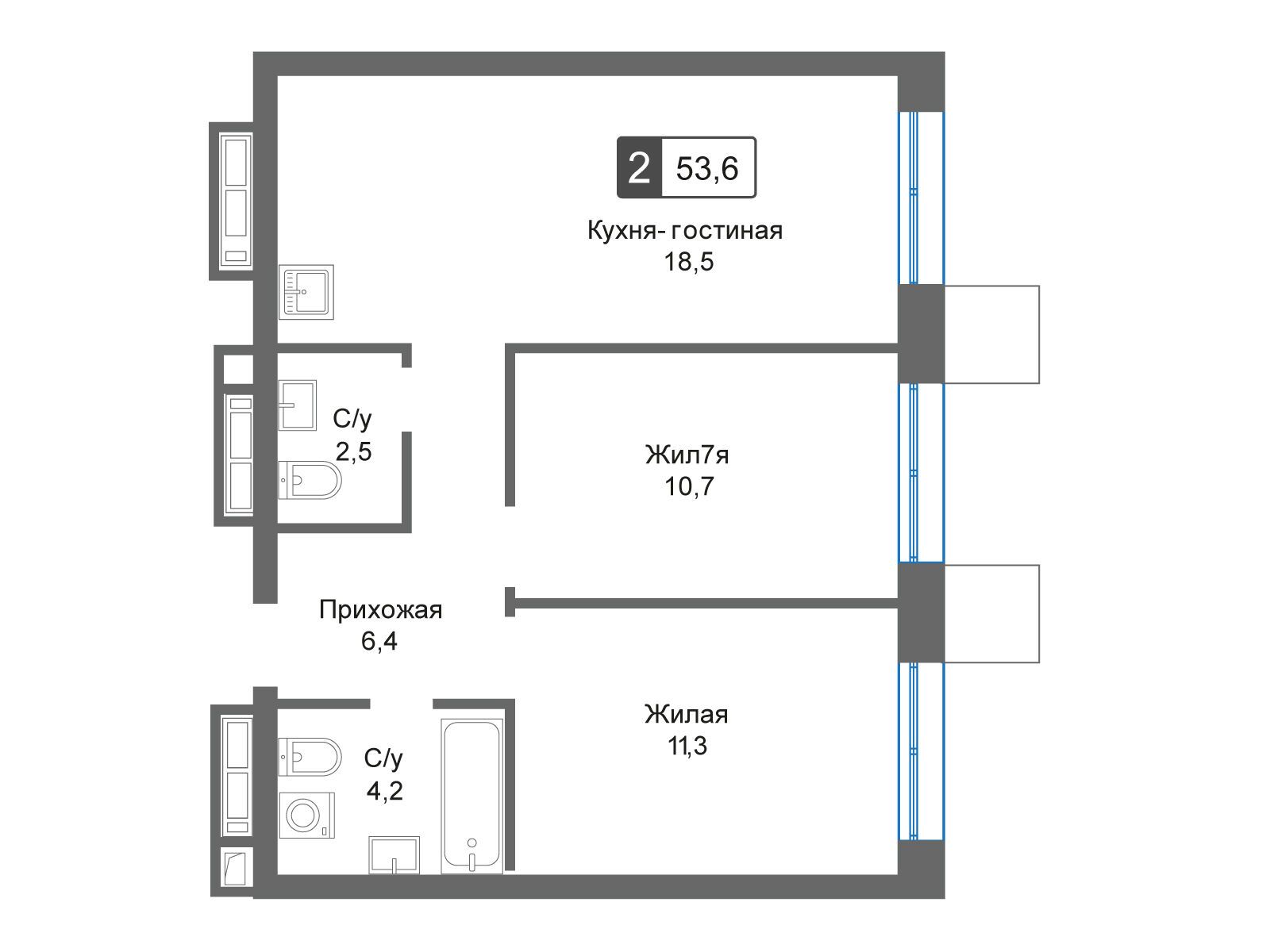 Планировка: 2-комн. квартира 53.60 м² в новостройке Отрада