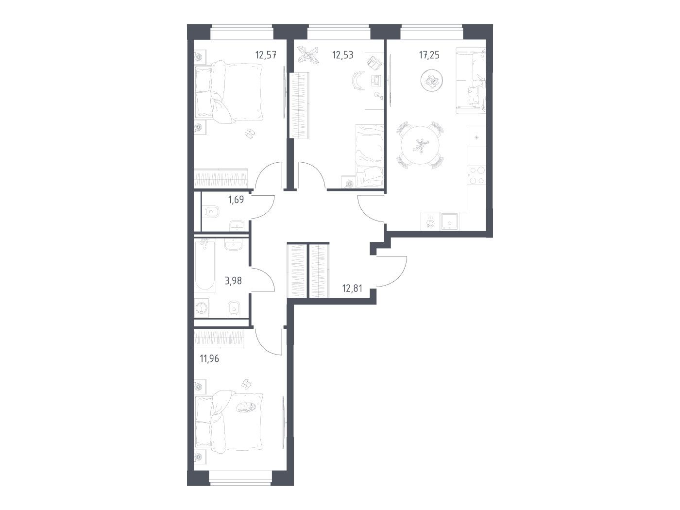 Планировка: 3-комн. квартира 72.79 м² в новостройке Квартал Домашний