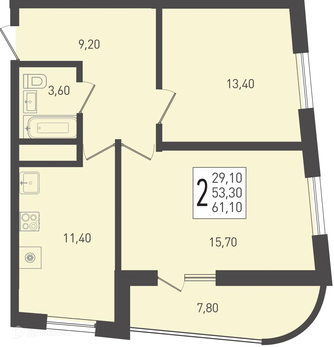 Планировка: 2-комн. квартира 61.10 м² в новостройке Огурцы