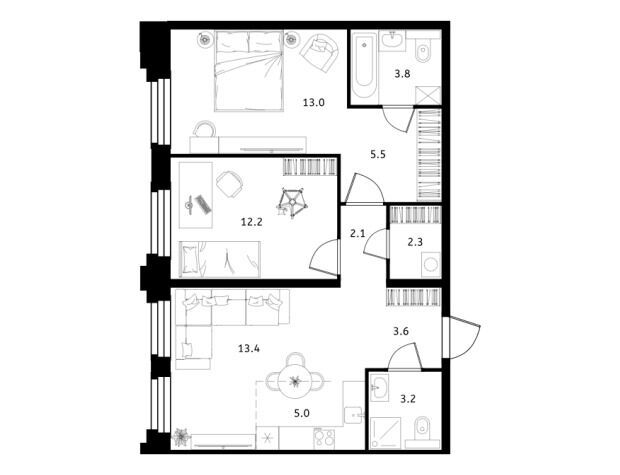 Планировка: 2-комн. квартира 64.10 м² в новостройке Сколково Уан