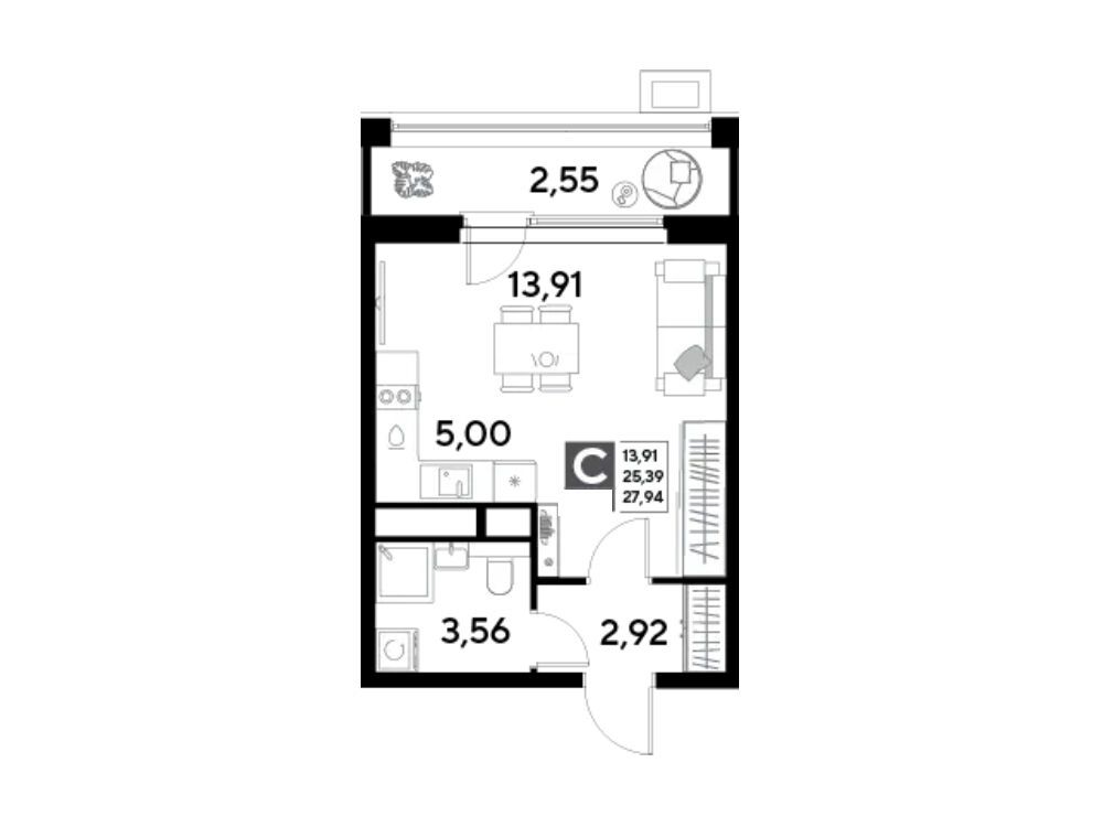 Планировка: Студия 27.94 м² в новостройке Эво