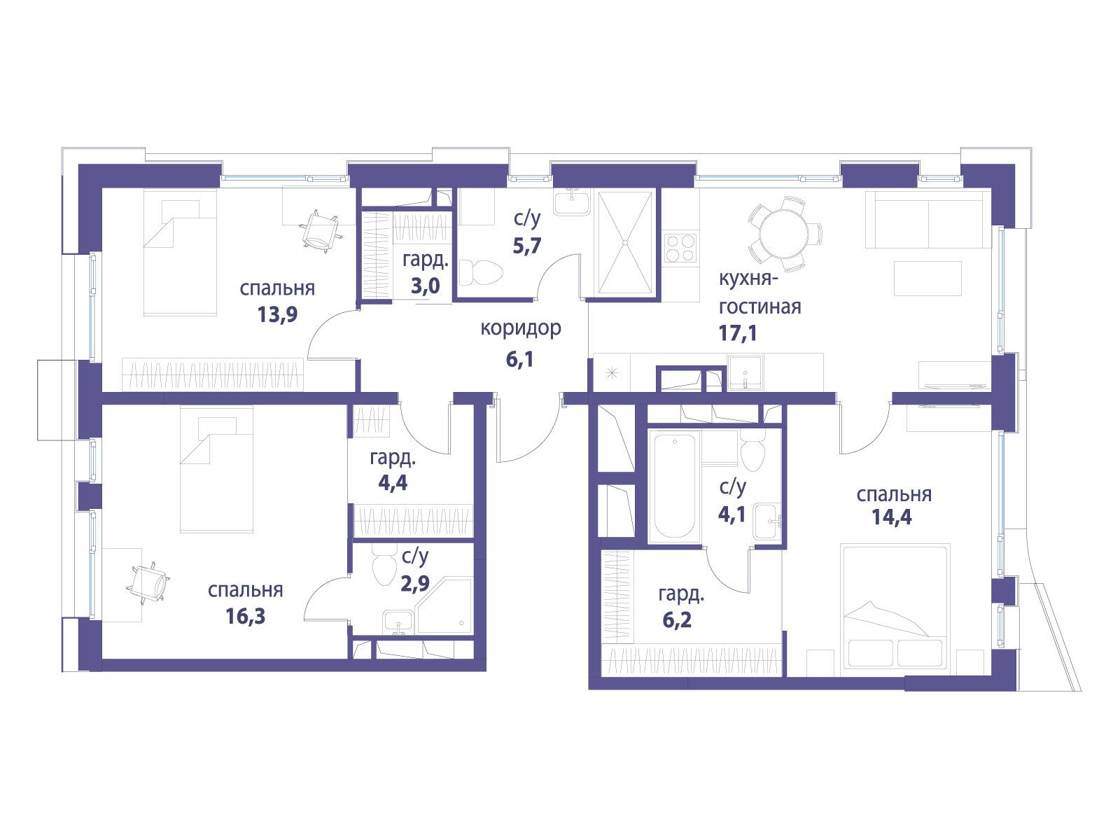 Планировка: 3-комн. квартира 94.10 м² в новостройке Символ