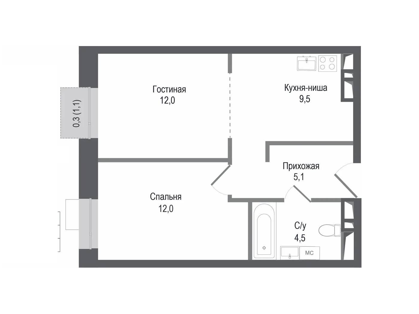 Планировка: 2-комн. квартира 43.10 м² в новостройке Киноквартал