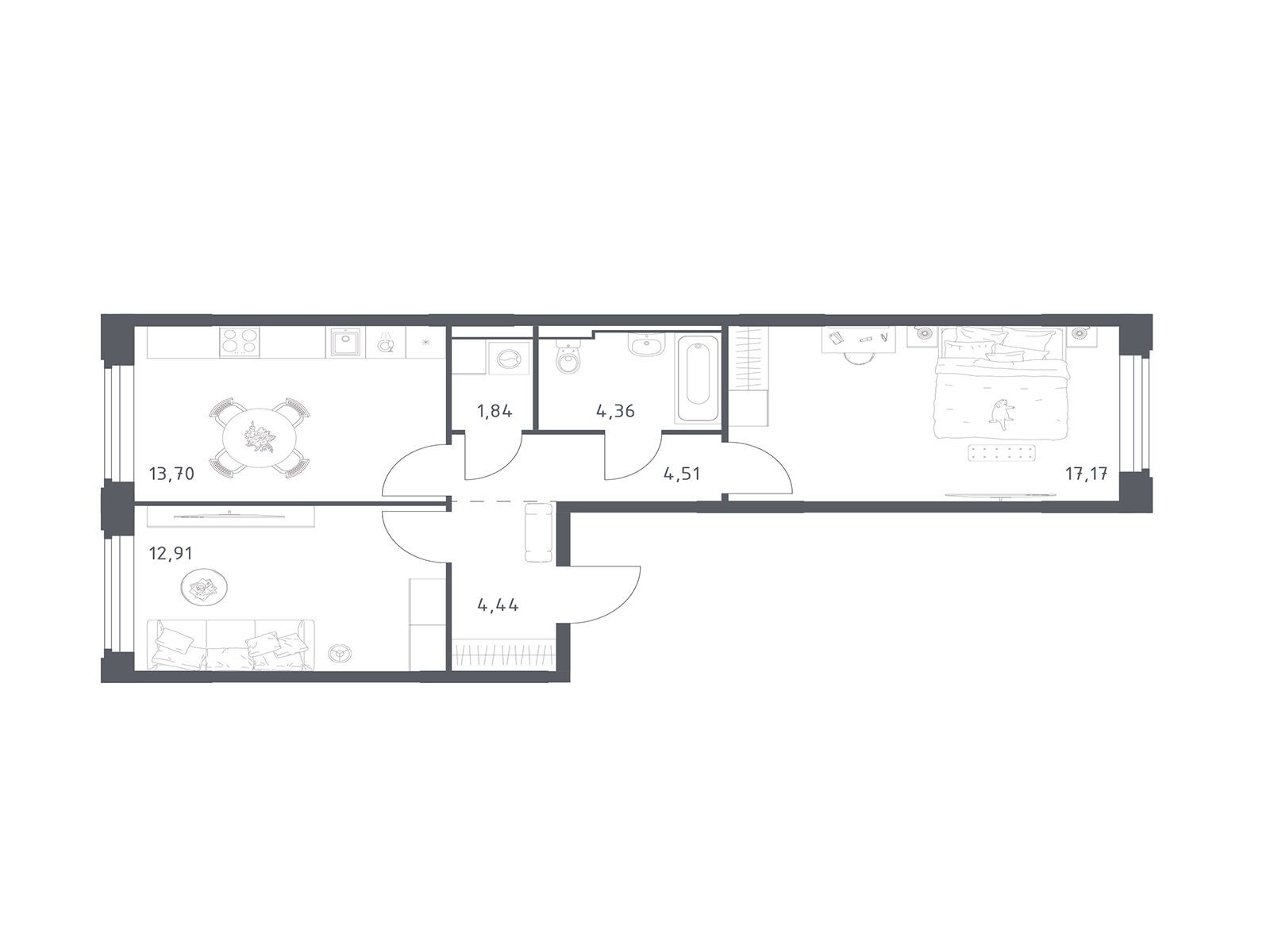 Планировка: 2-комн. квартира 58.93 м² в новостройке Космический квартал
