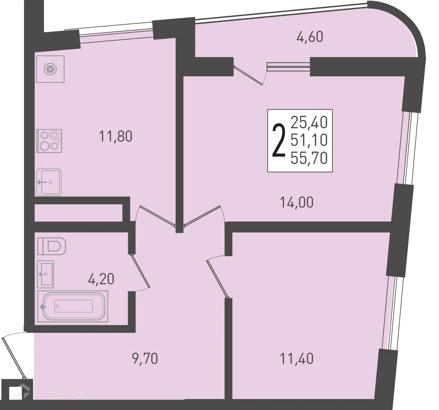 Планировка: 2-комн. квартира 55.70 м² в новостройке Огурцы