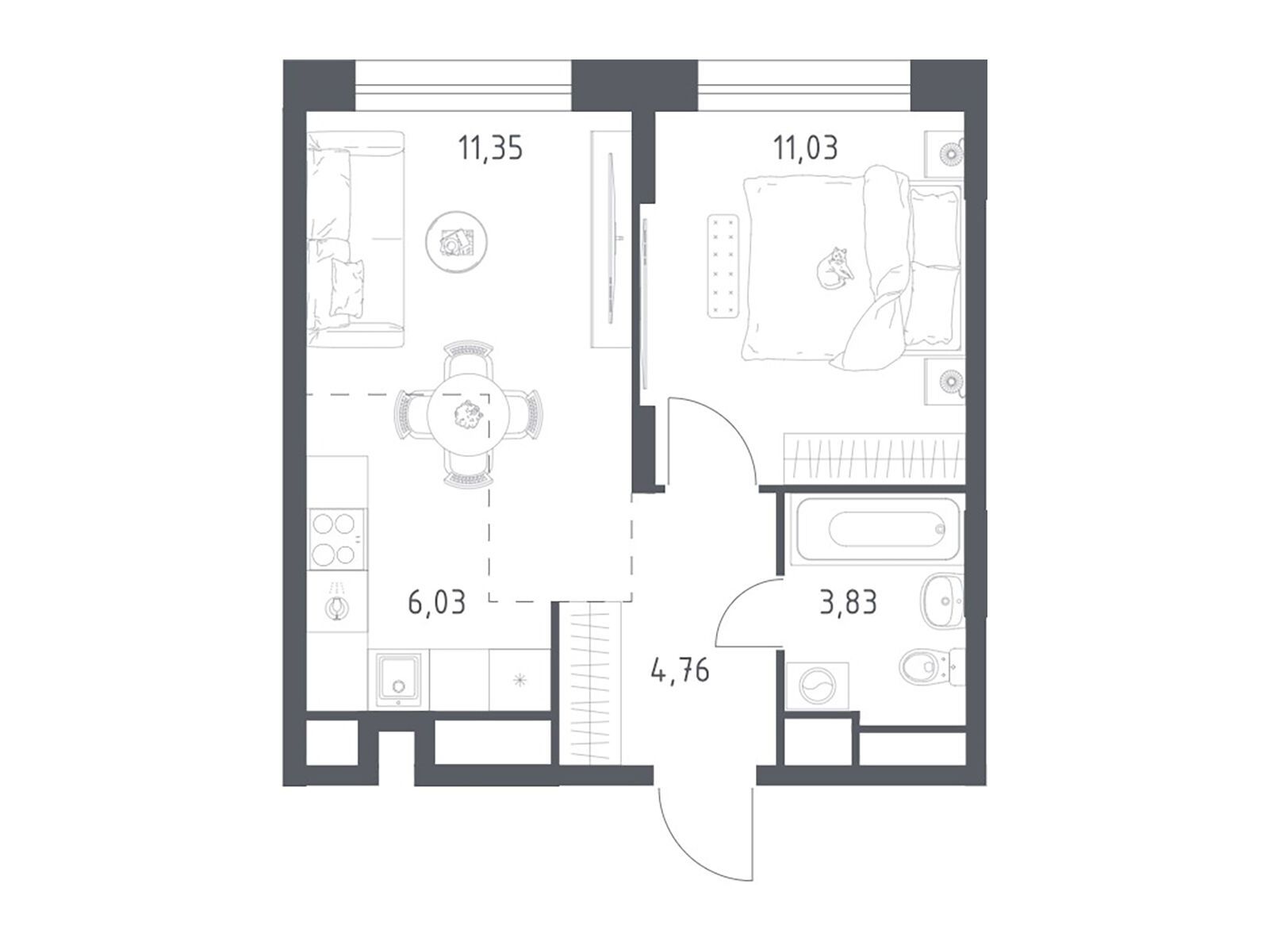 Планировка: 1-комн. квартира 36.50 м² в новостройке Новоград Павлино
