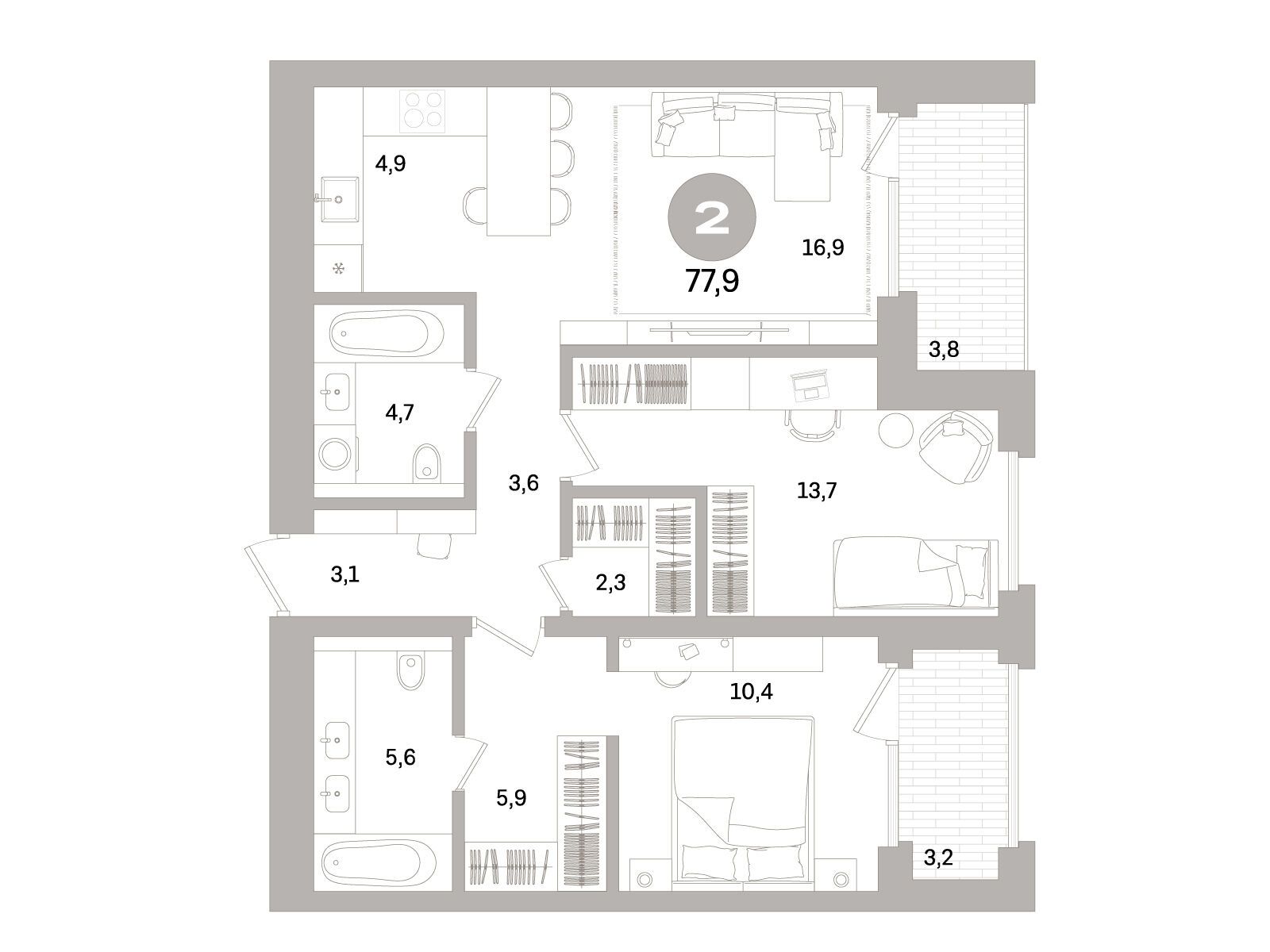 Планировка: 2-комн. квартира 77.90 м² в новостройке Северный ветер