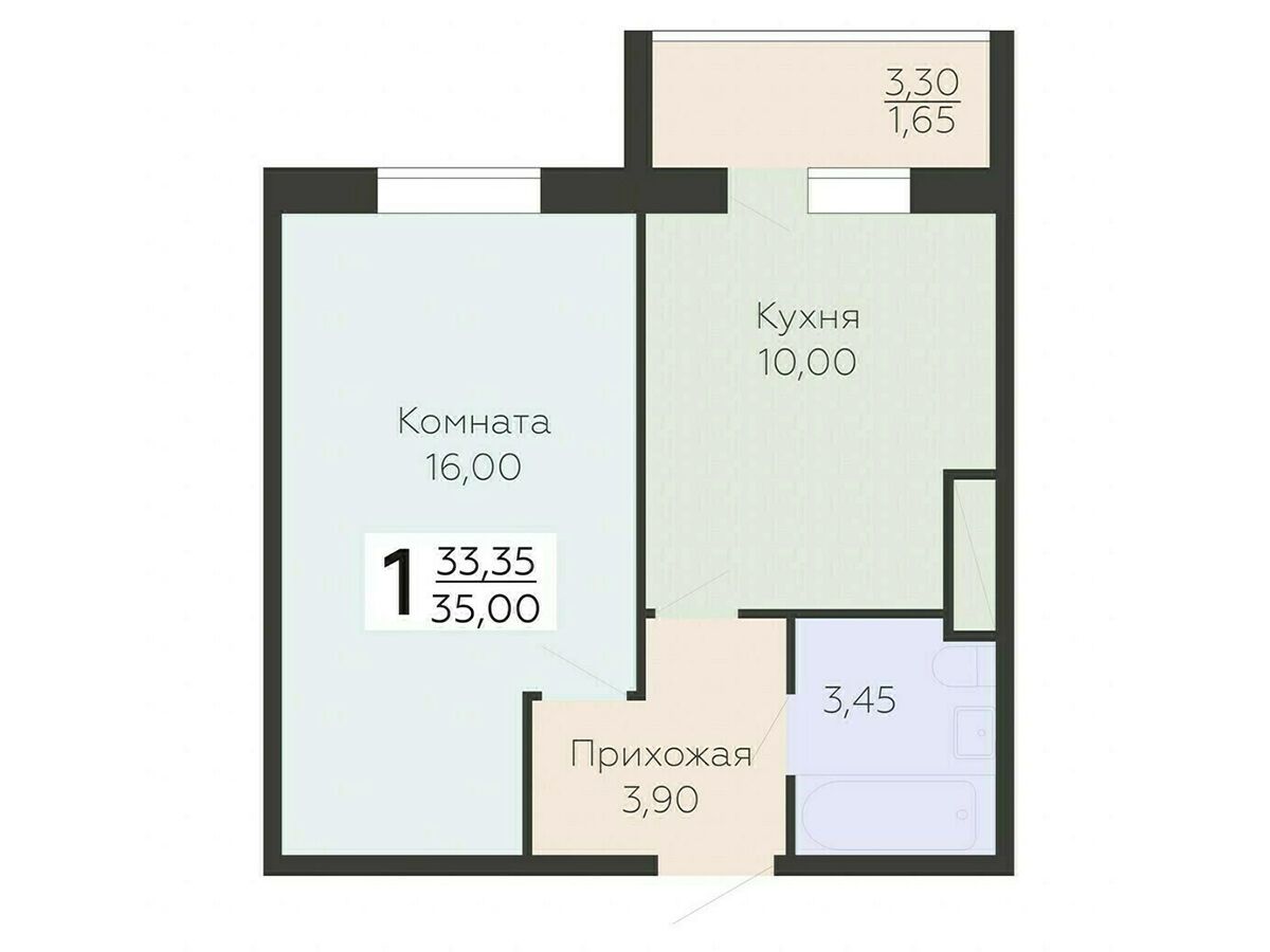 Планировка: 1-комн. квартира 35.00 м² в новостройке Ленский