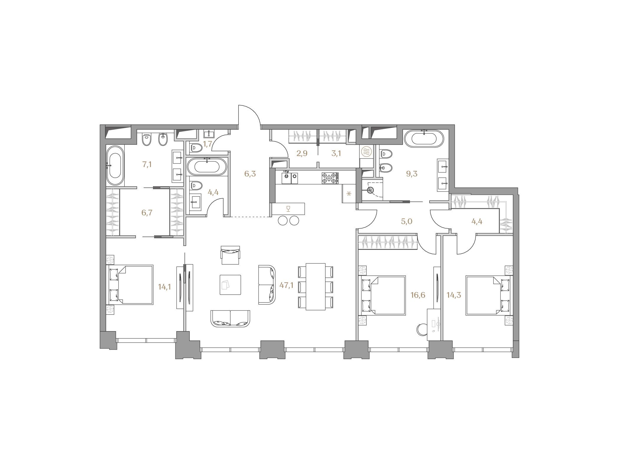 Планировка: 3-комн. квартира 143.00 м² в новостройке Коллекция Лужники