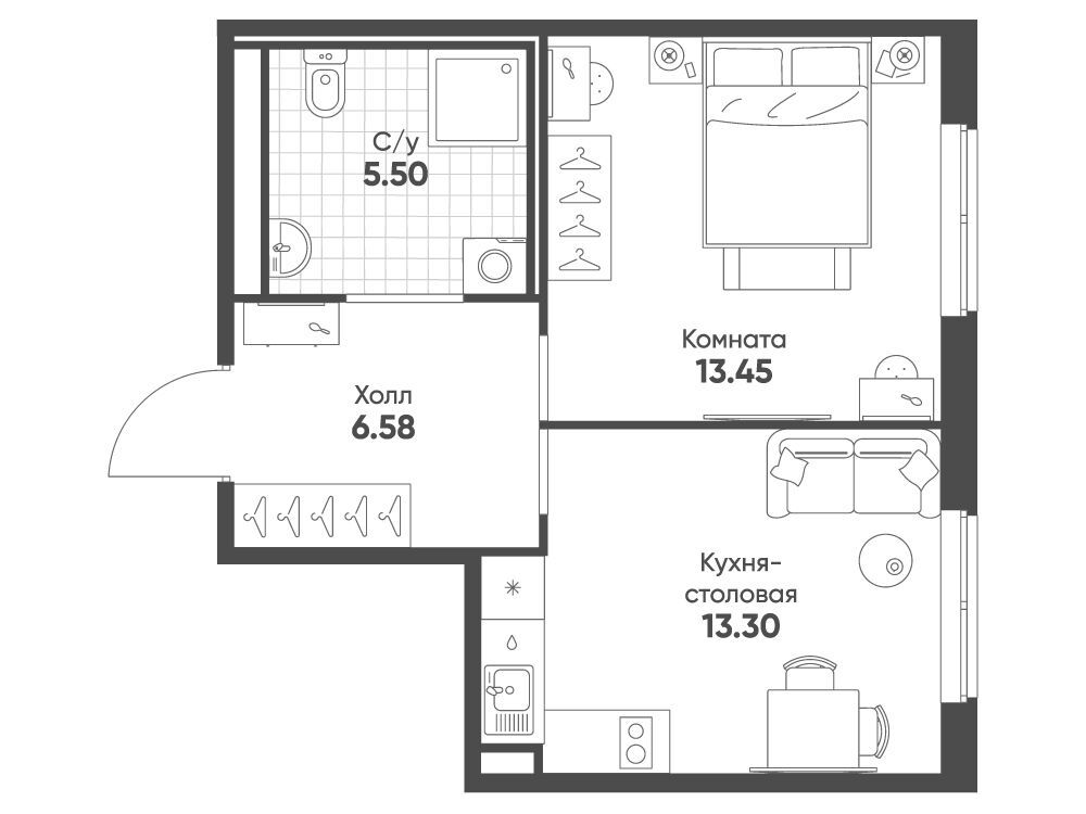 Планировка: 1-комн. квартира 38.83 м² в новостройке Avenue Apart Pulkovo