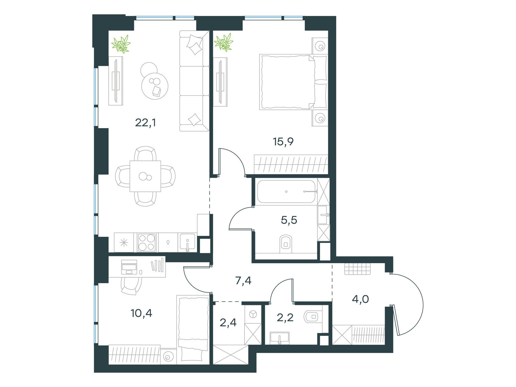 Планировка: 2-комн. квартира 69.90 м² в новостройке Левел Войковская