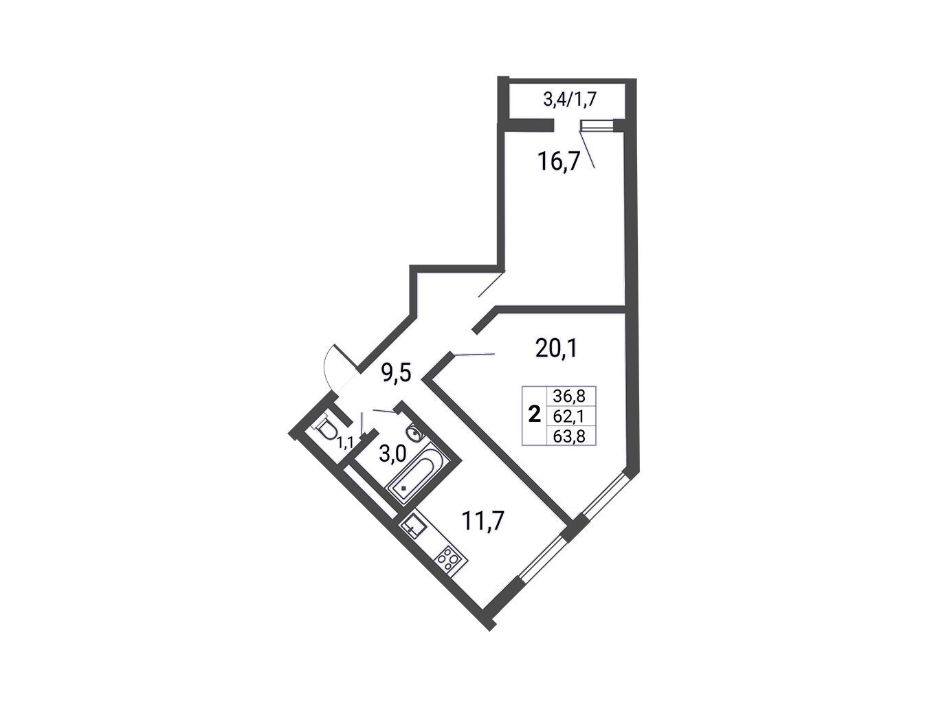 Планировка: 2-комн. квартира 63.80 м² в новостройке Некрасовка