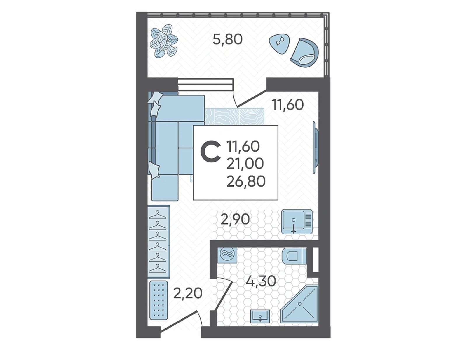 Планировка: Студия 26.80 м² в новостройке Горный квартал