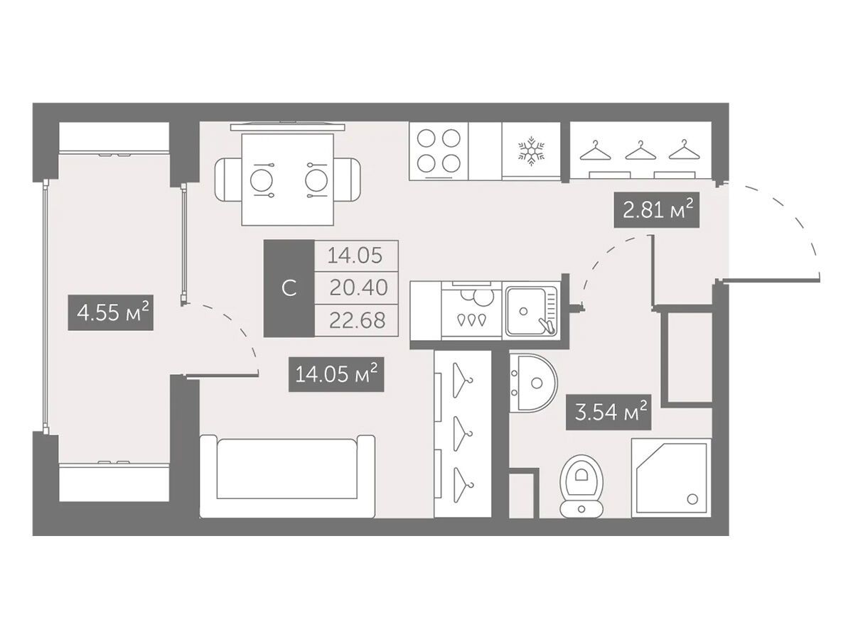 Планировка: Студия 22.68 м² в новостройке Новый Московский