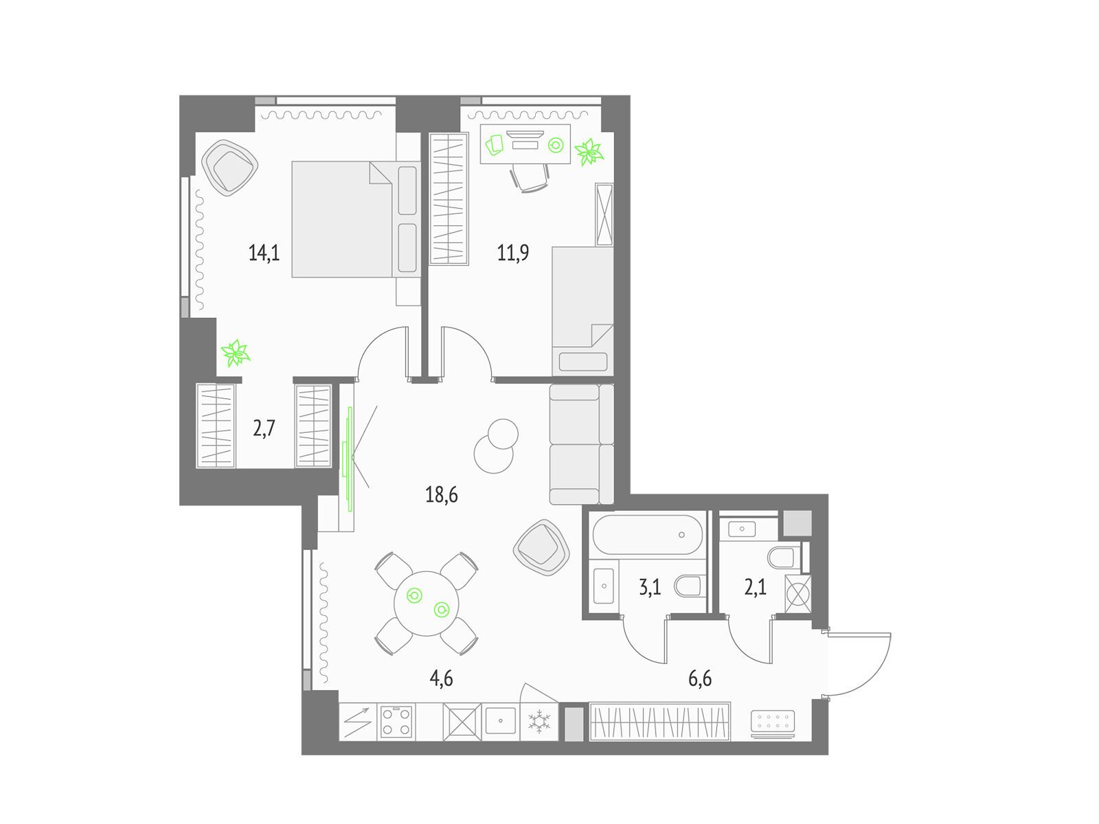 Планировка: 2-комн. квартира 64.90 м² в новостройке Апсайд Тауерс