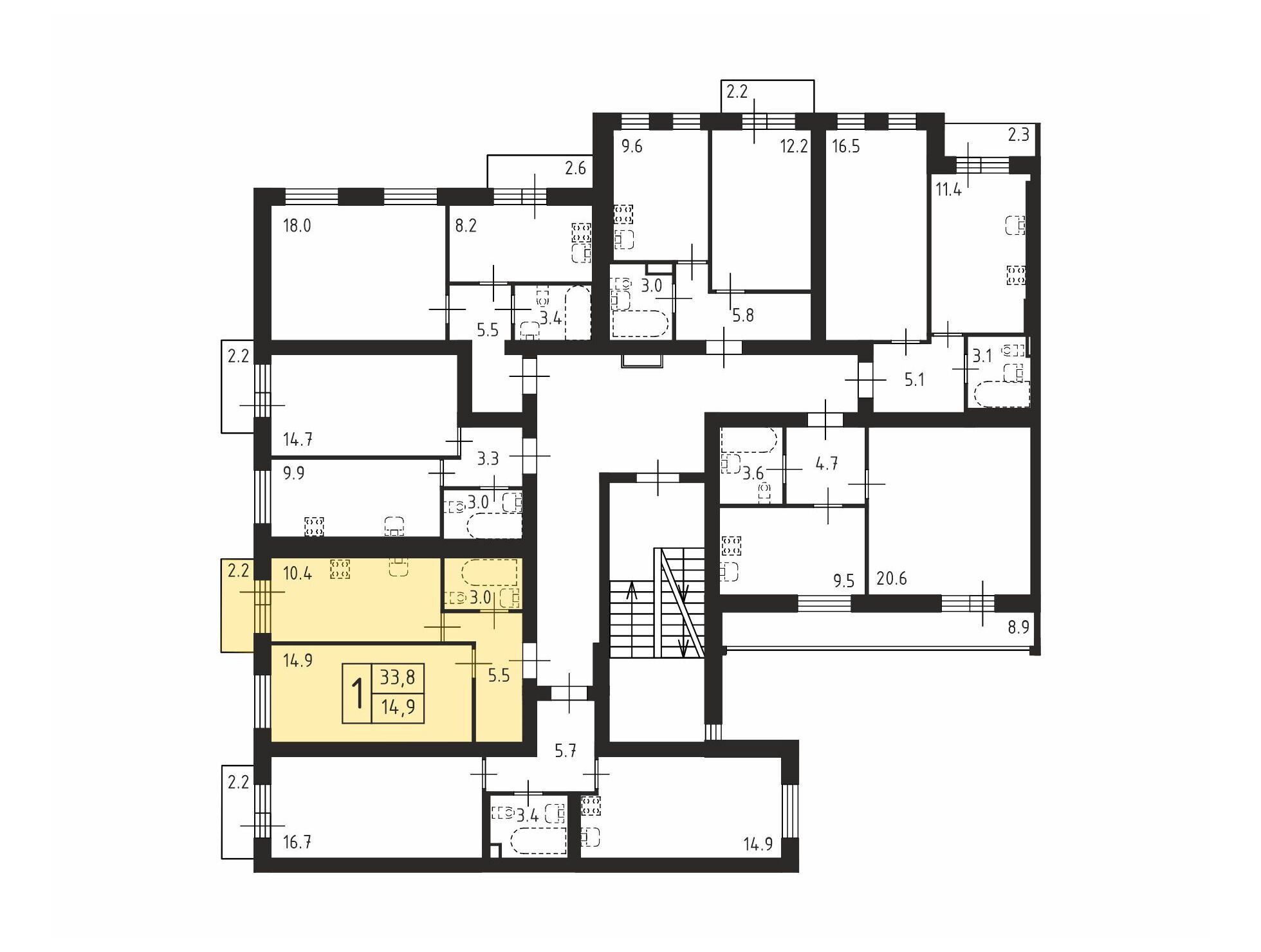 Планировка: 1-комн. квартира 33.80 м² в новостройке Щегловская усадьба