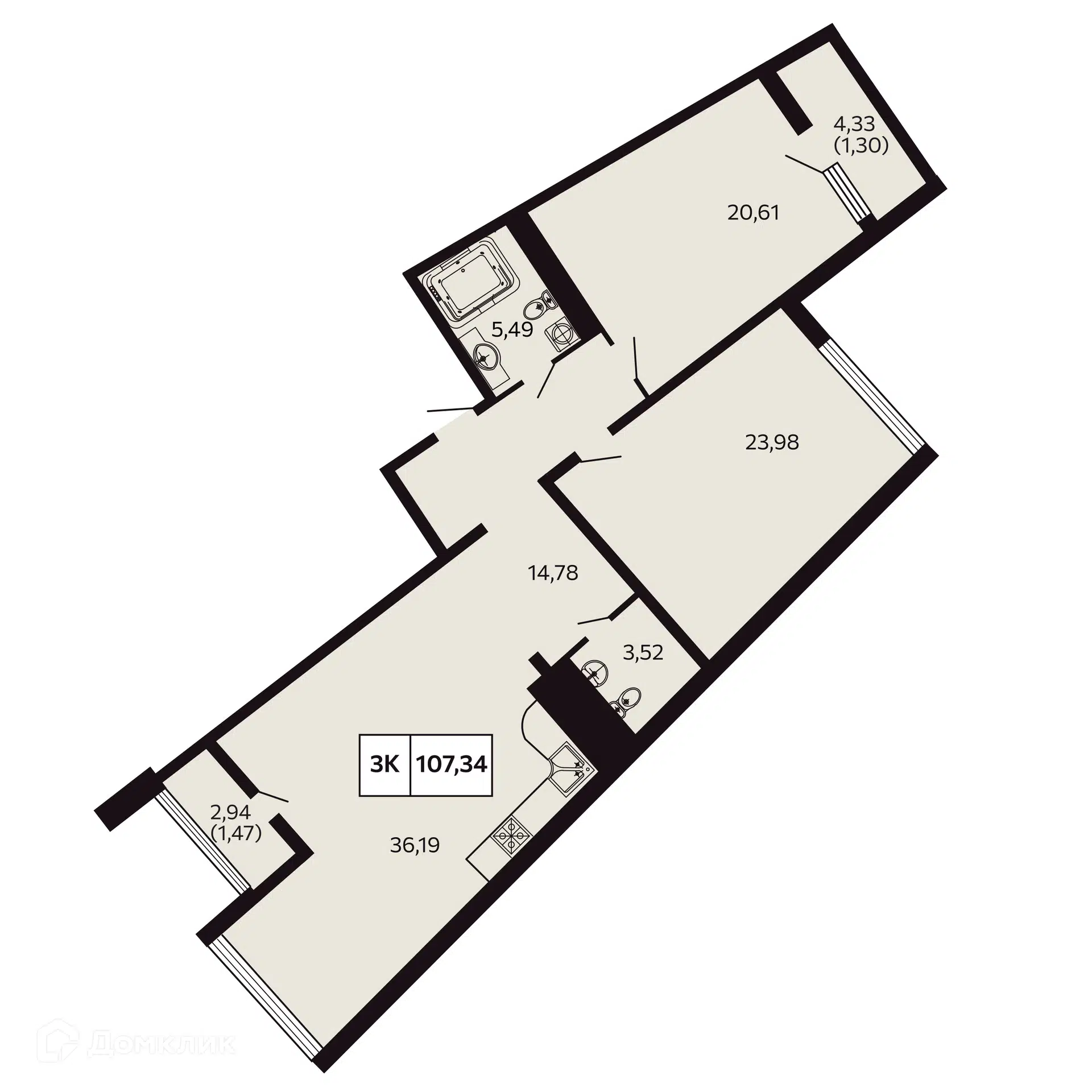 Планировка: 3-комн. квартира 107.34 м² в новостройке Отражение
