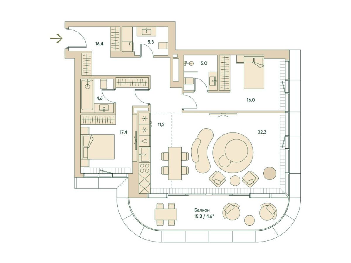 Планировка: 3-комн. квартира 125.40 м² в новостройке Спрингс