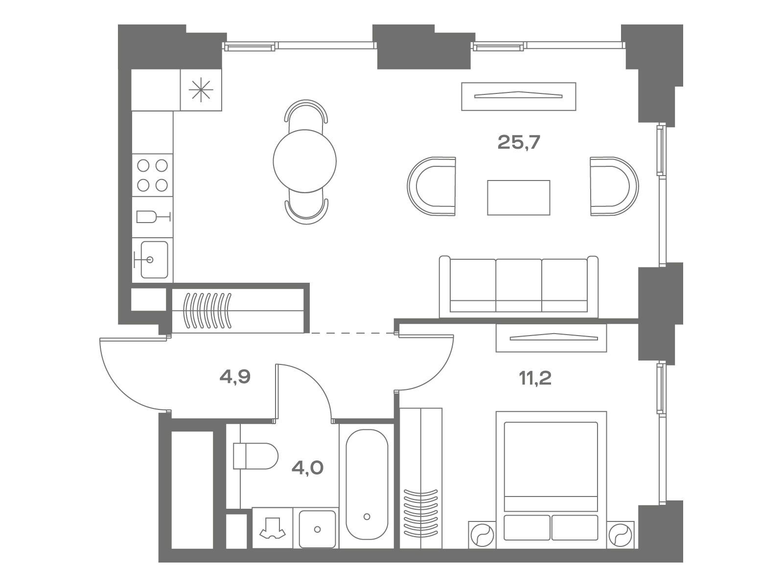 Планировка: 1-комн. квартира 45.80 м² в новостройке Соул