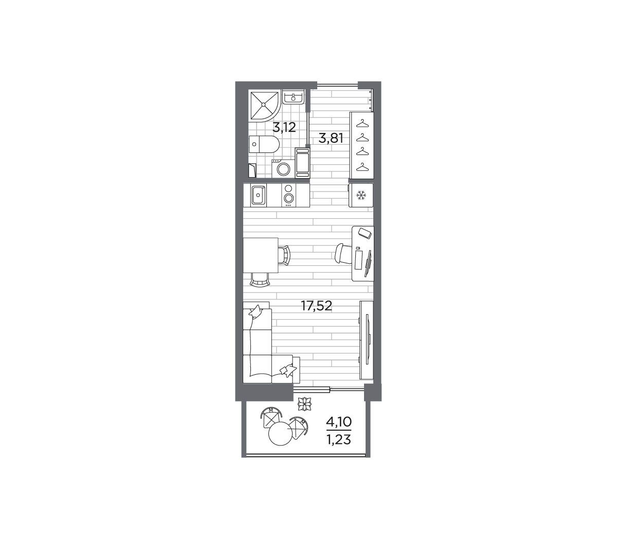 Планировка: Студия 25.68 м² в новостройке Сезоны