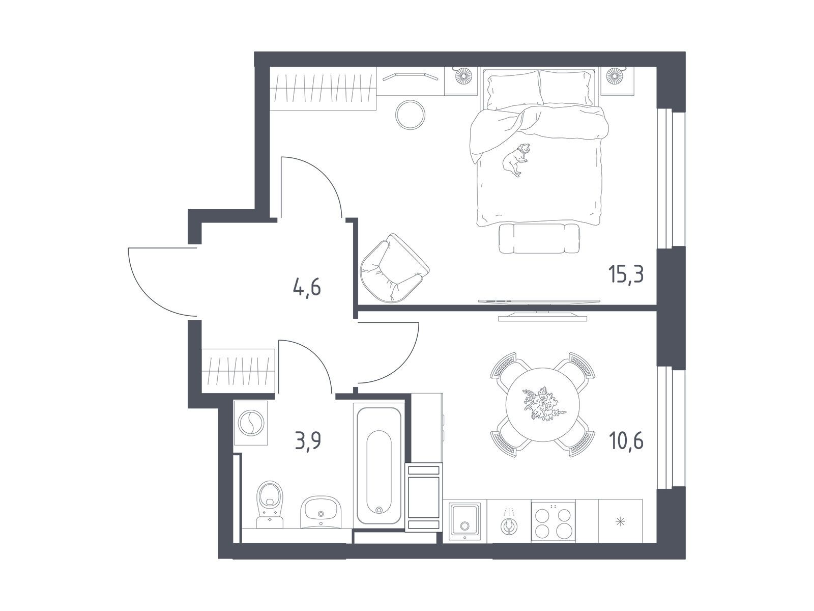 Планировка: 1-комн. квартира 33.80 м² в новостройке Мытищи Парк