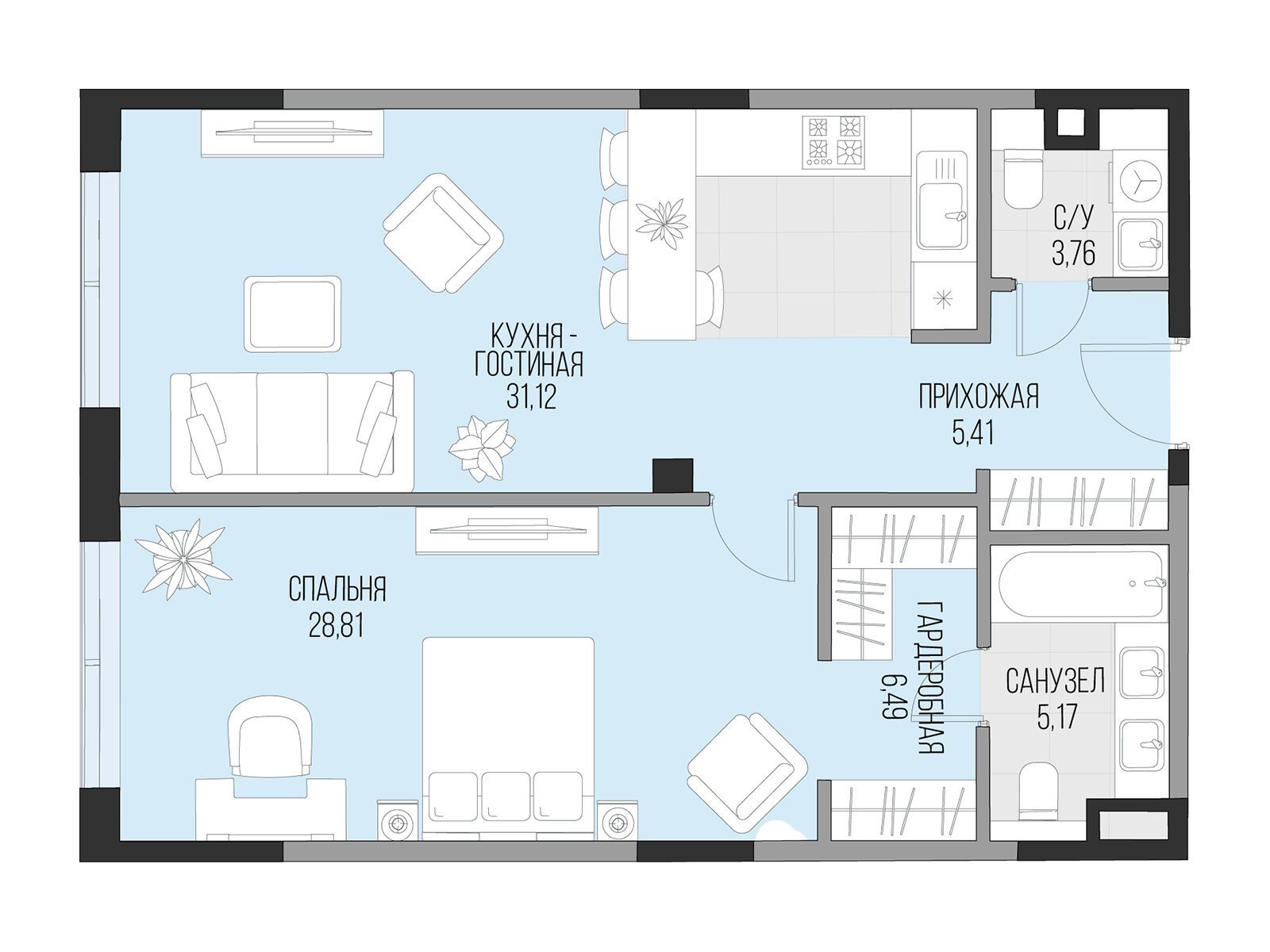 Планировка: 1-комн. квартира 73.95 м² в новостройке Садовническая 69