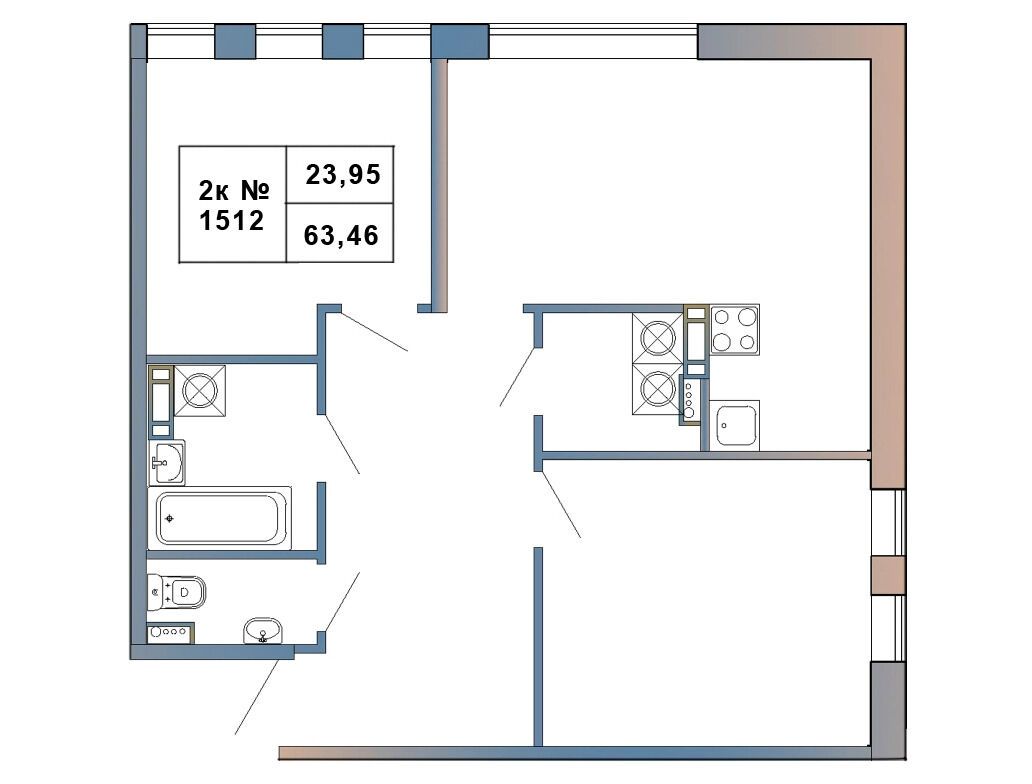 Планировка: 2-комн. квартира 63.46 м² в новостройке Атмосфера Выборга