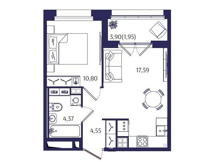 Планировка: 1-комн. квартира 39.26 м² в новостройке Ранта Резиденс