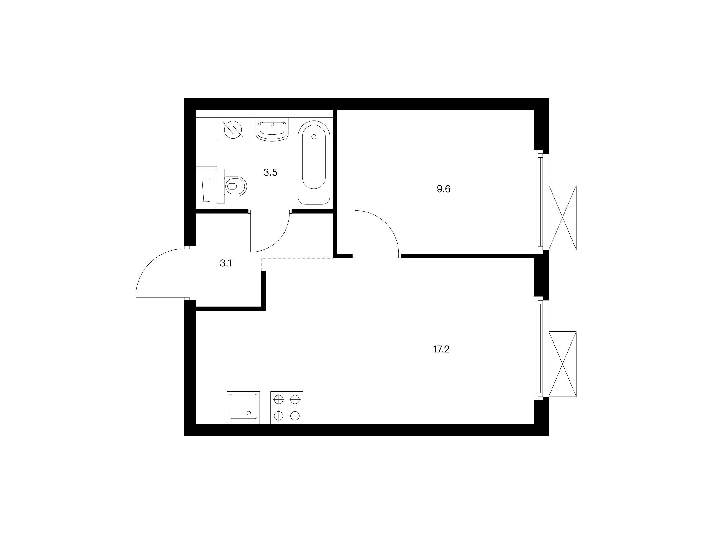 Планировка: 1-комн. квартира 33.40 м² в новостройке ЖК Первый Дубровский