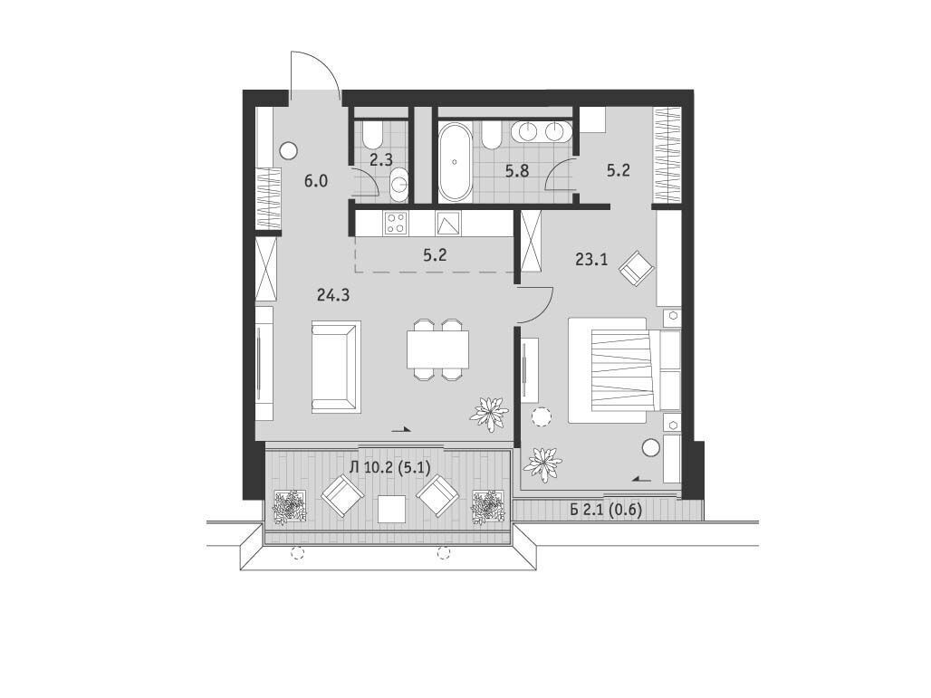 Планировка: 2-комн. квартира 77.60 м² в новостройке Бадаевский