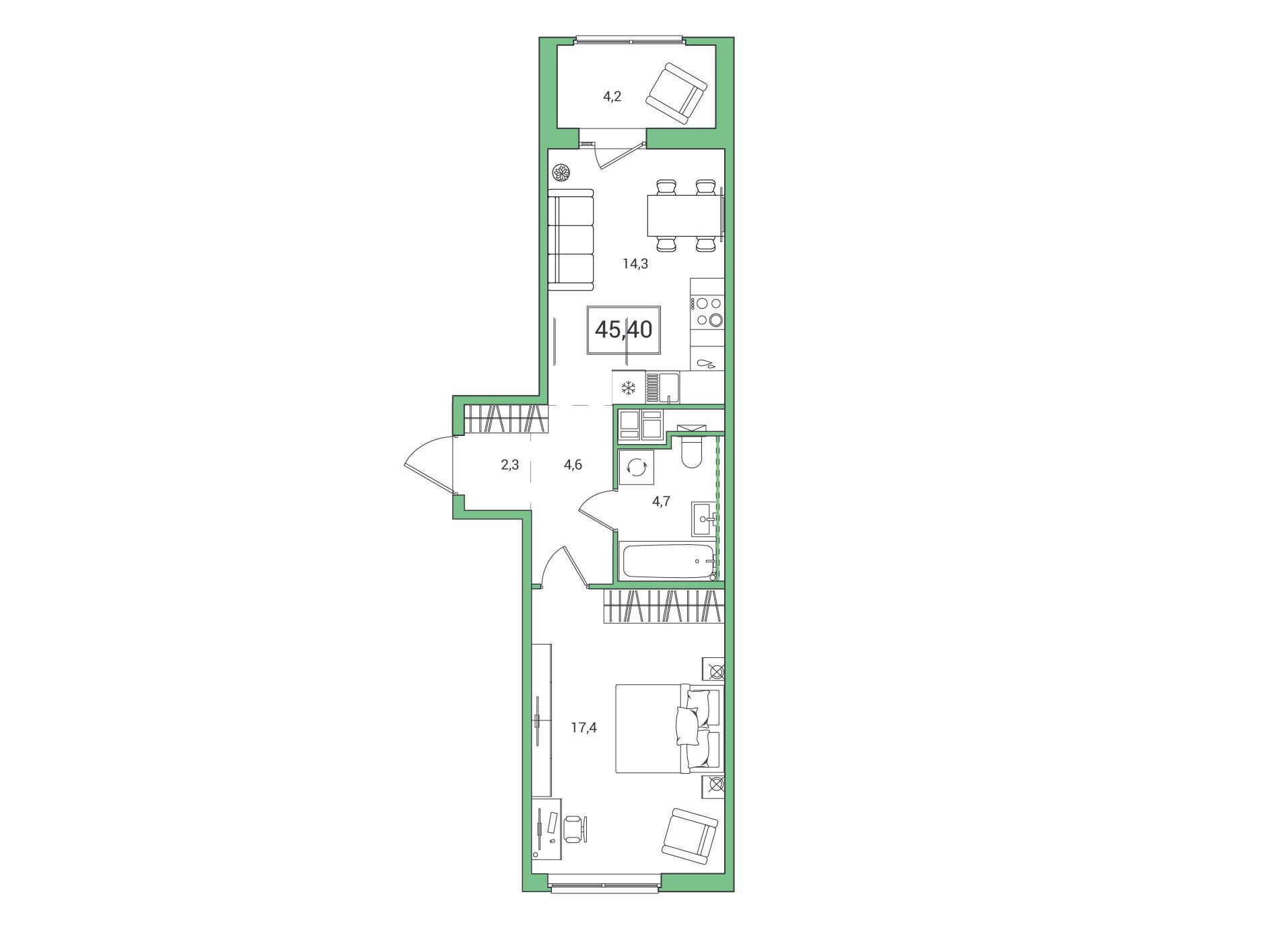 Планировка: 1-комн. квартира 45.40 м² в новостройке ЖК Янила Форест
