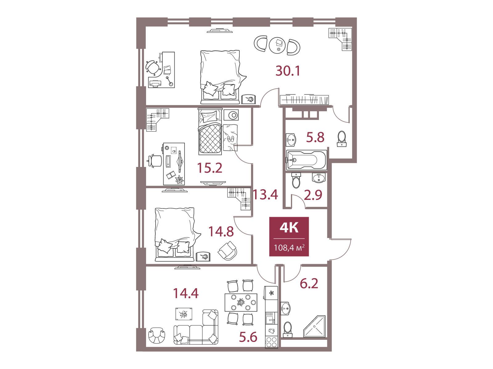 Планировка: 4-комн. квартира 108.40 м² в новостройке ЖК Легаси