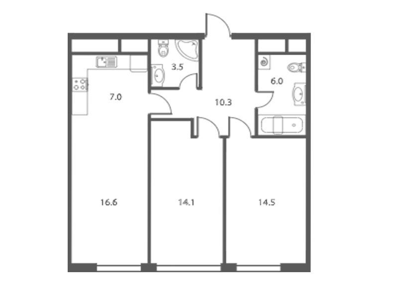Планировка: 3-комн. квартира 72.00 м² в новостройке Вест Тауэр