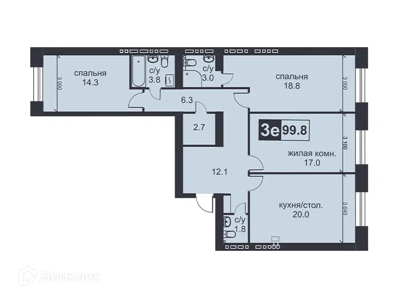Планировка: 3-комн. квартира 99.80 м² в новостройке Михайловский