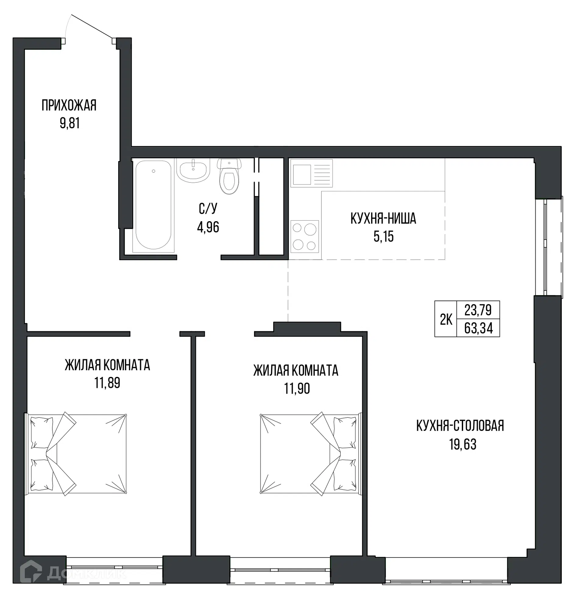 Планировка: 2-комн. квартира 63.34 м² в новостройке Комфорт парк