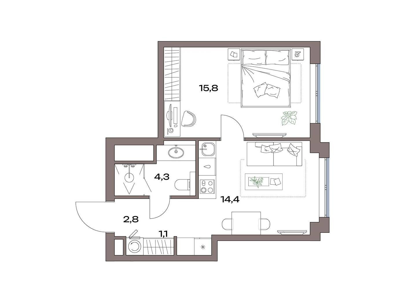 Планировка: 1-комн. квартира 38.80 м² в новостройке Акценты