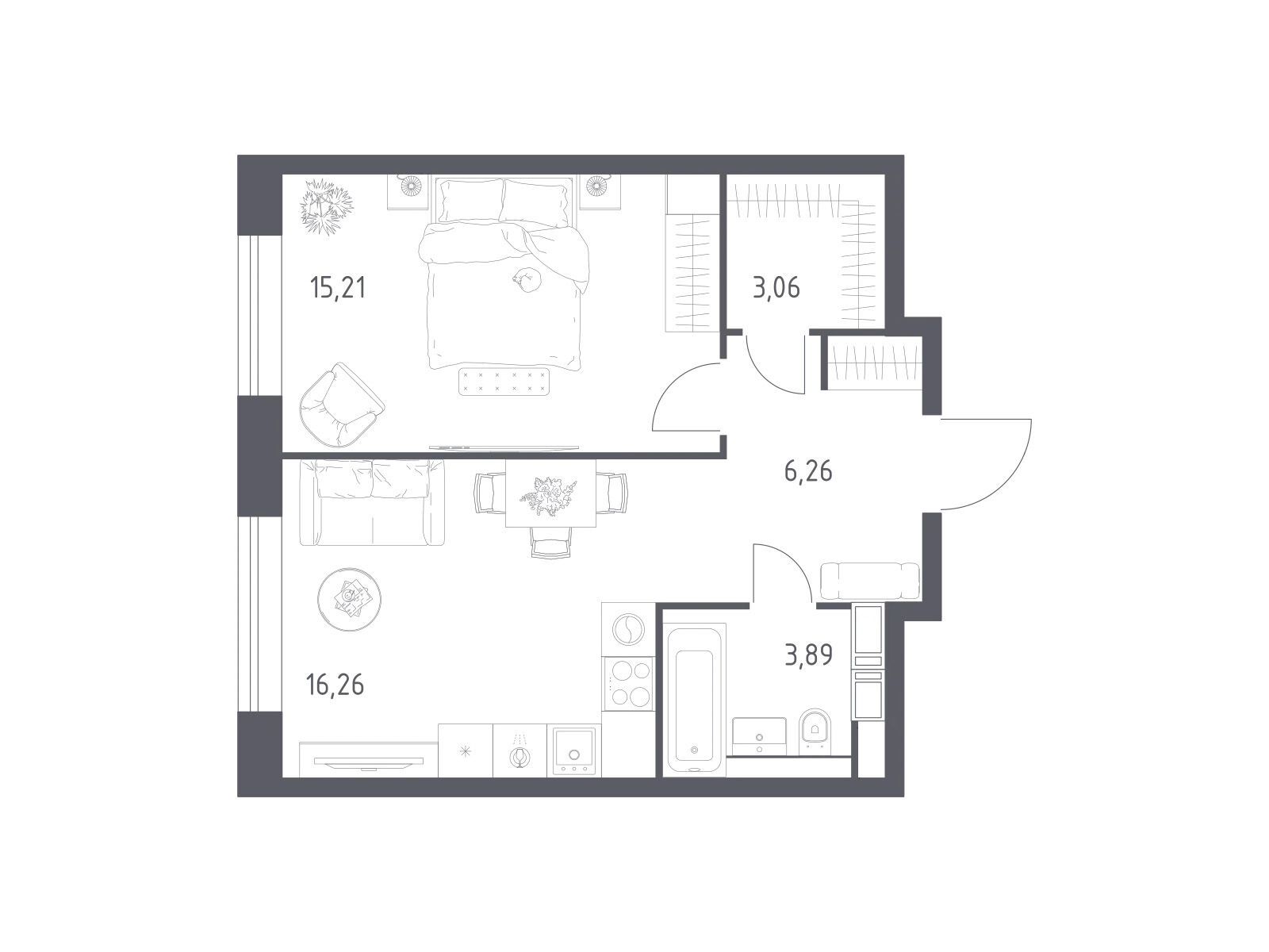 Планировка: 1-комн. квартира 44.68 м² в новостройке Октябрьская 98