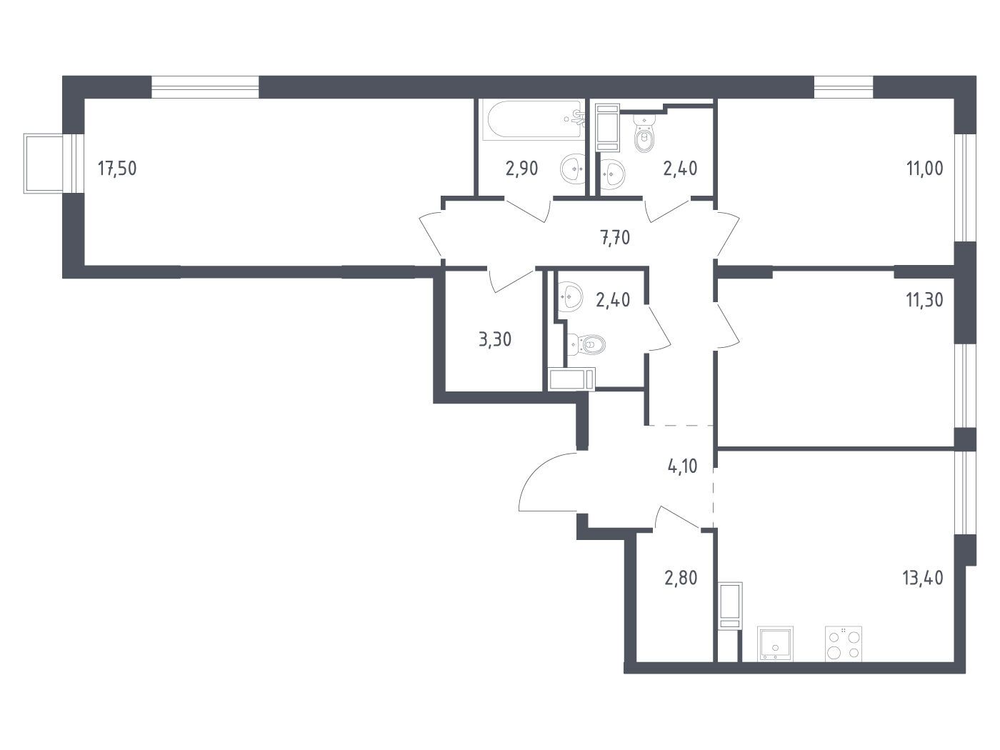 Планировка: 3-комн. квартира 77.90 м² в новостройке Курортный Квартал
