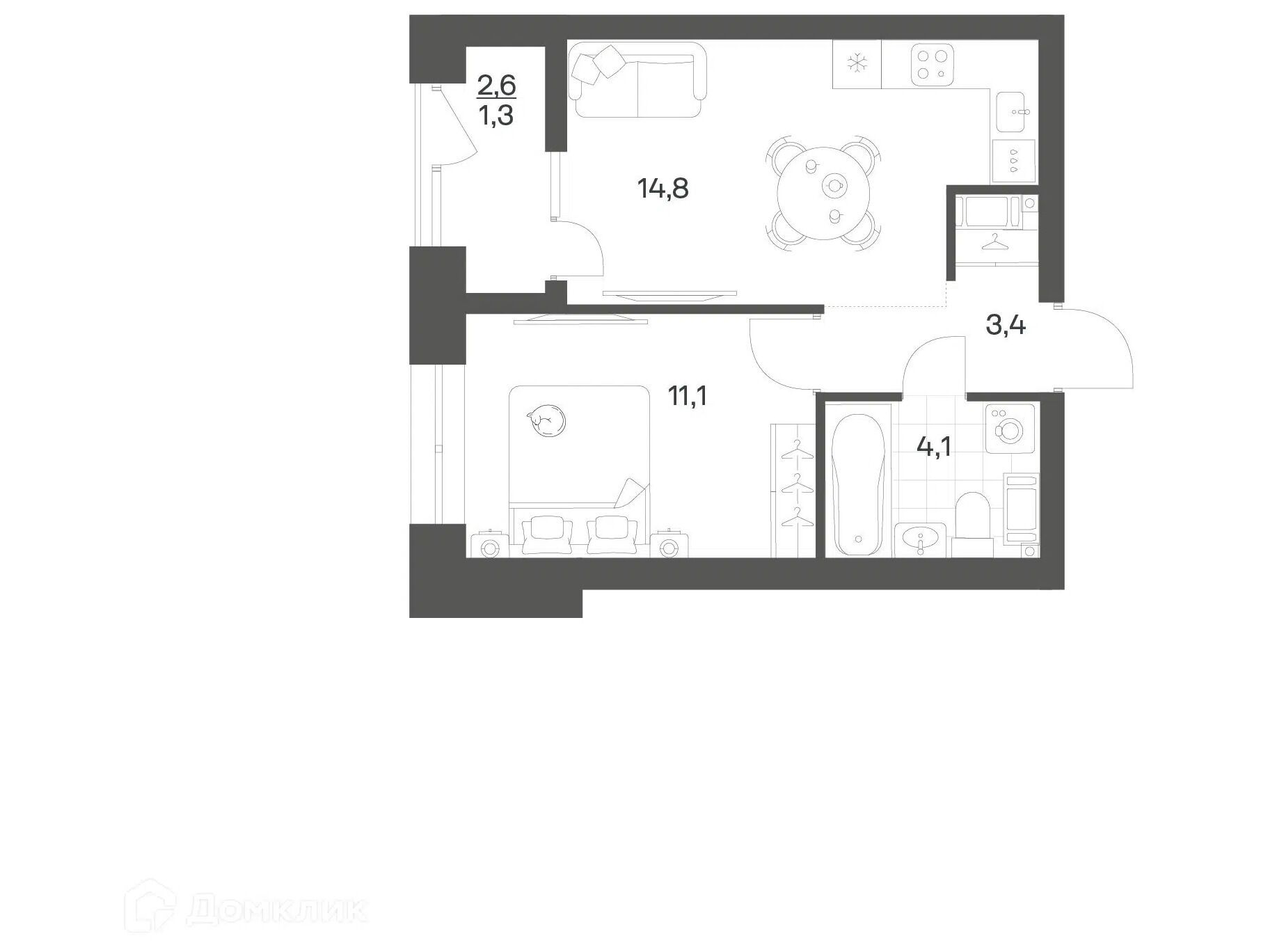Планировка: 1-комн. квартира 34.66 м² в новостройке Ньюпитер