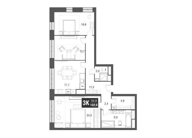 Планировка: 3-комн. квартира 102.10 м² в новостройке Афи Тауэр