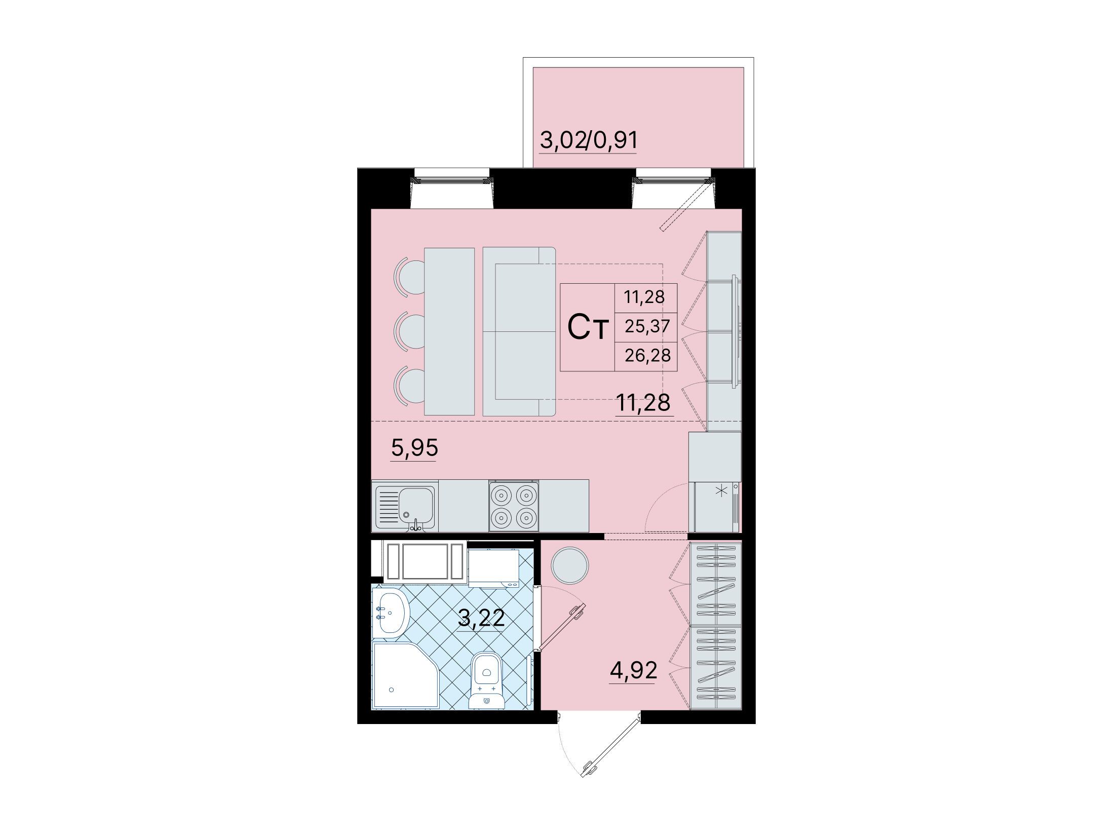Планировка: Студия 26.30 м² в новостройке Северный меридиан