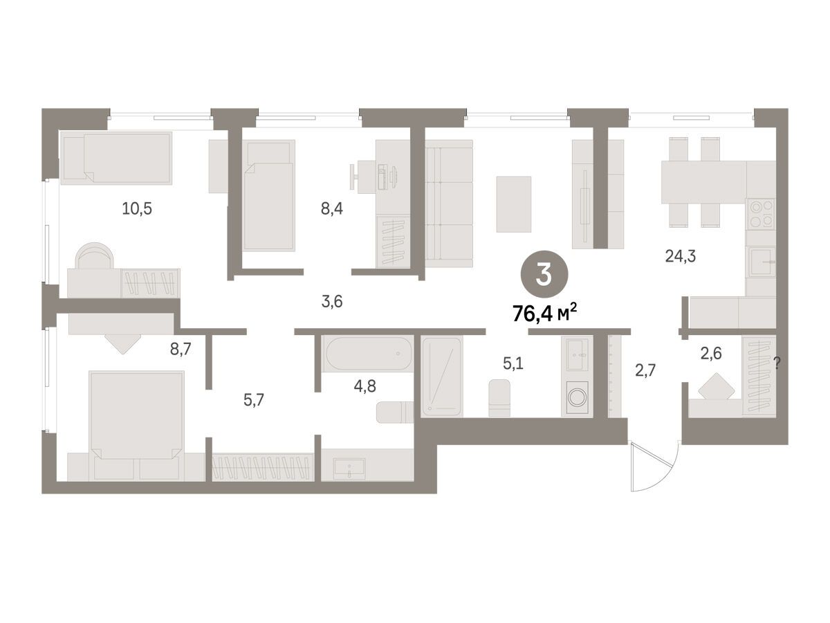 Планировка: 3-комн. квартира 76.40 м² в новостройке Издание