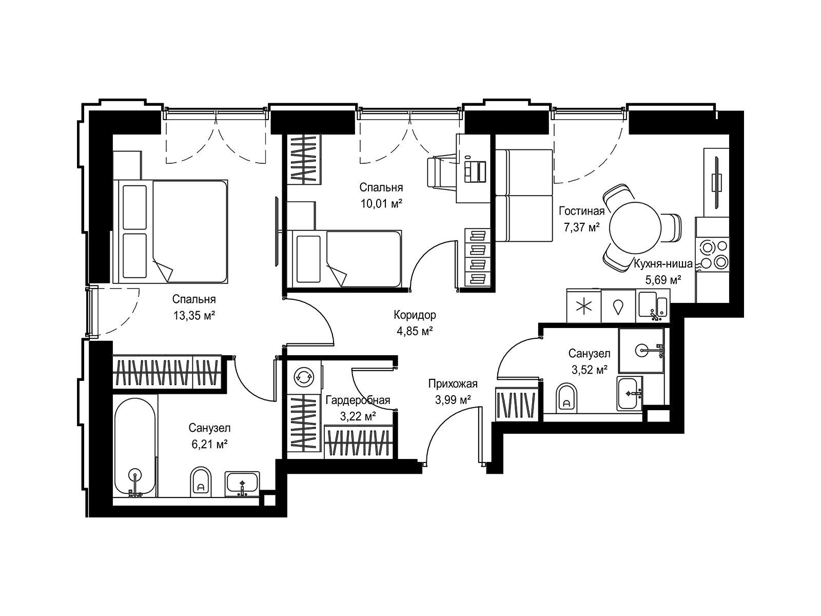 Планировка: 2-комн. квартира 58.21 м² в новостройке Селигер Сити