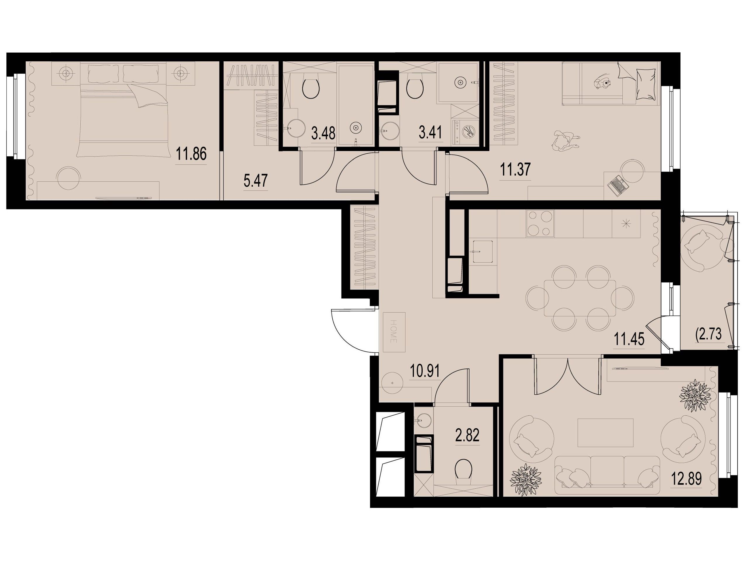 Планировка: 3-комн. квартира 75.02 м² в новостройке Айди Мурино 3