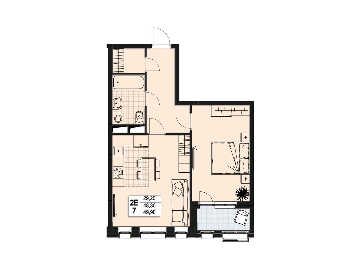 Планировка: 2-комн. квартира 48.00 м² в новостройке Атлантис