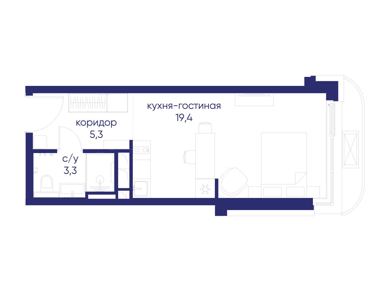 Планировка: Студия 28.00 м² в новостройке Остров