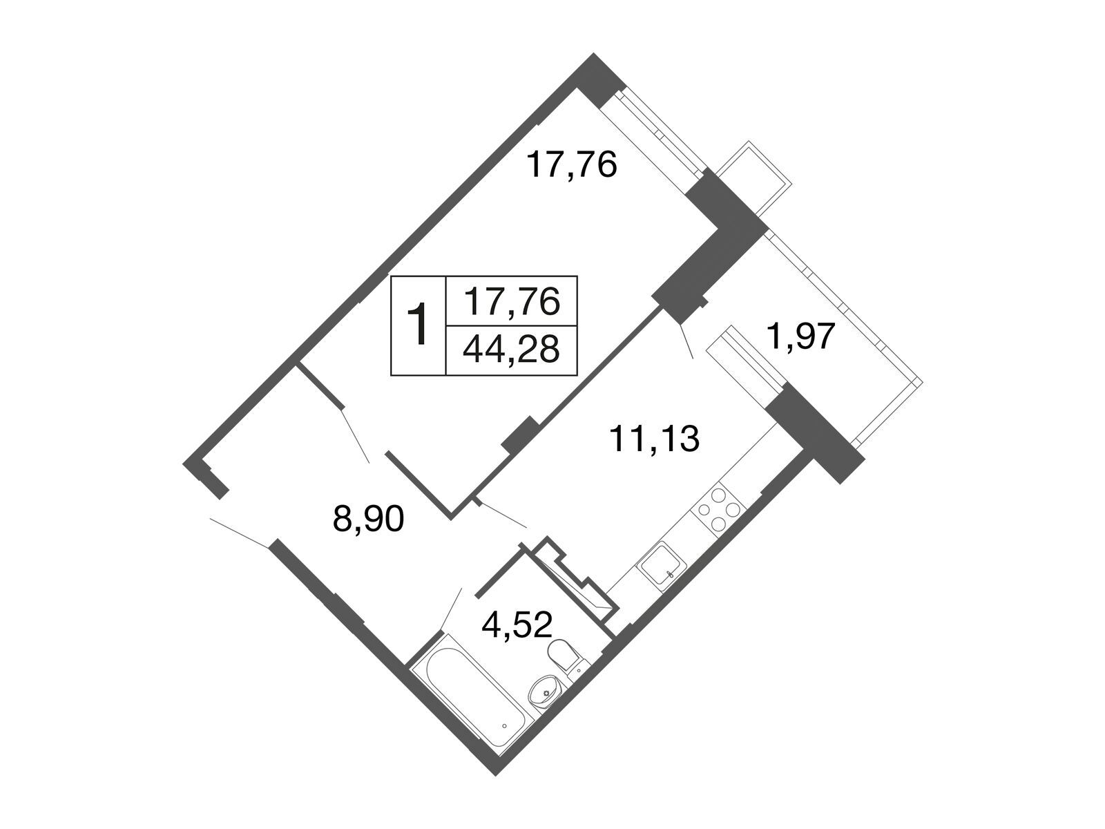 Планировка: 1-комн. квартира 42.30 м² в новостройке Времена года