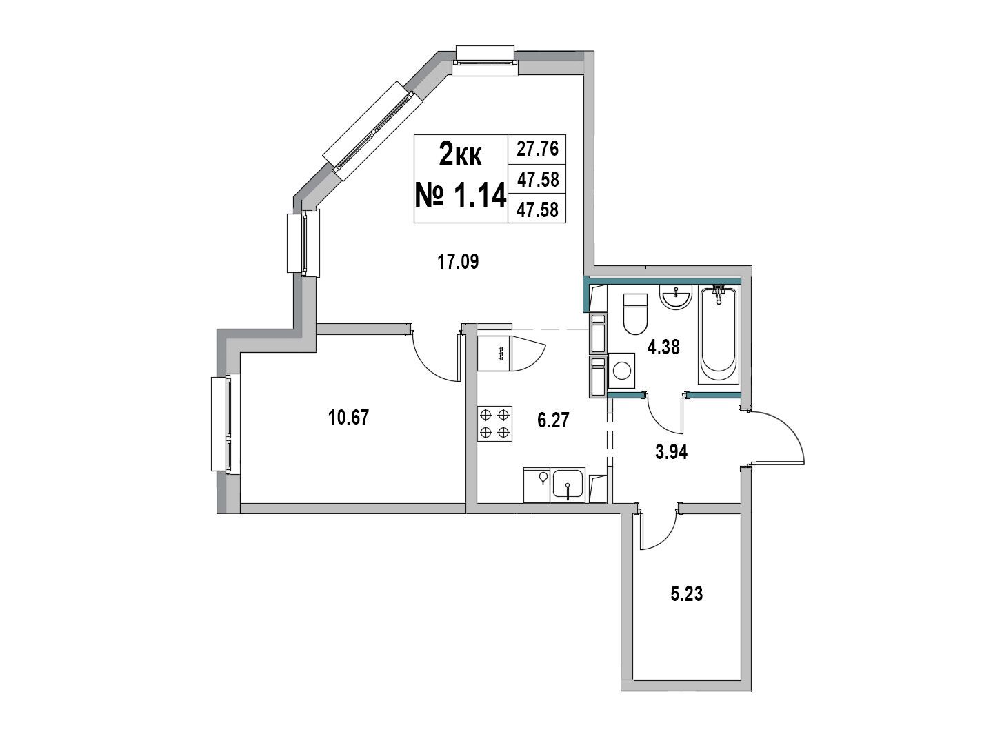 Планировка: 2-комн. квартира 47.58 м² в новостройке Новый город
