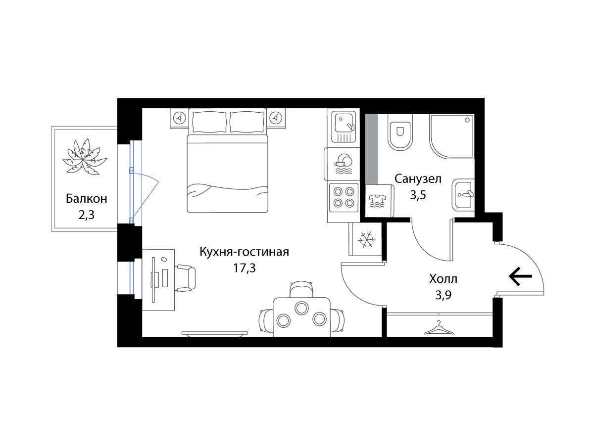 Планировка: Студия 25.40 м² в новостройке Экография
